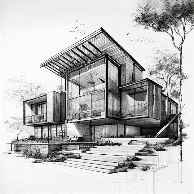 Pencil sketch of a stacked modern hillside house