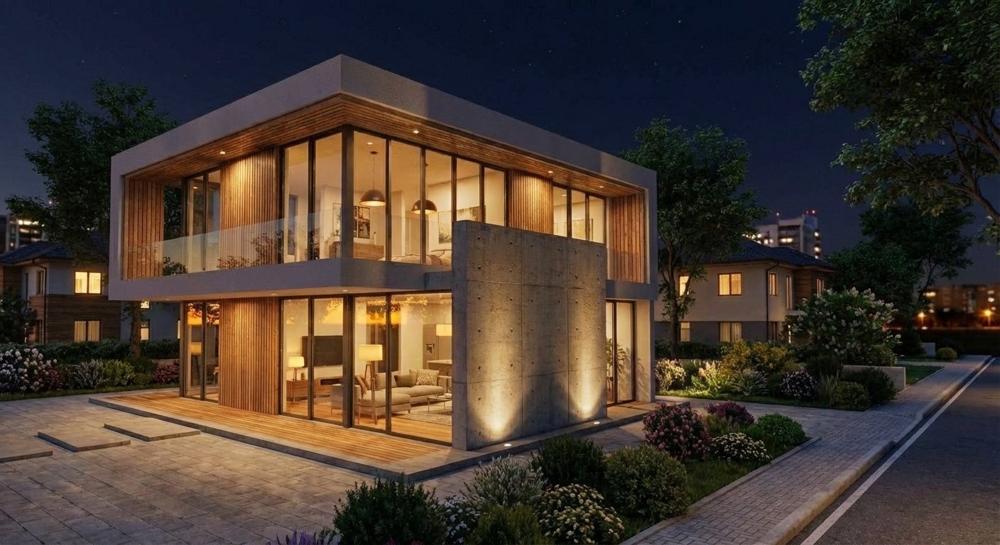 Photoreal night-time architectural render produced from a 3D model
