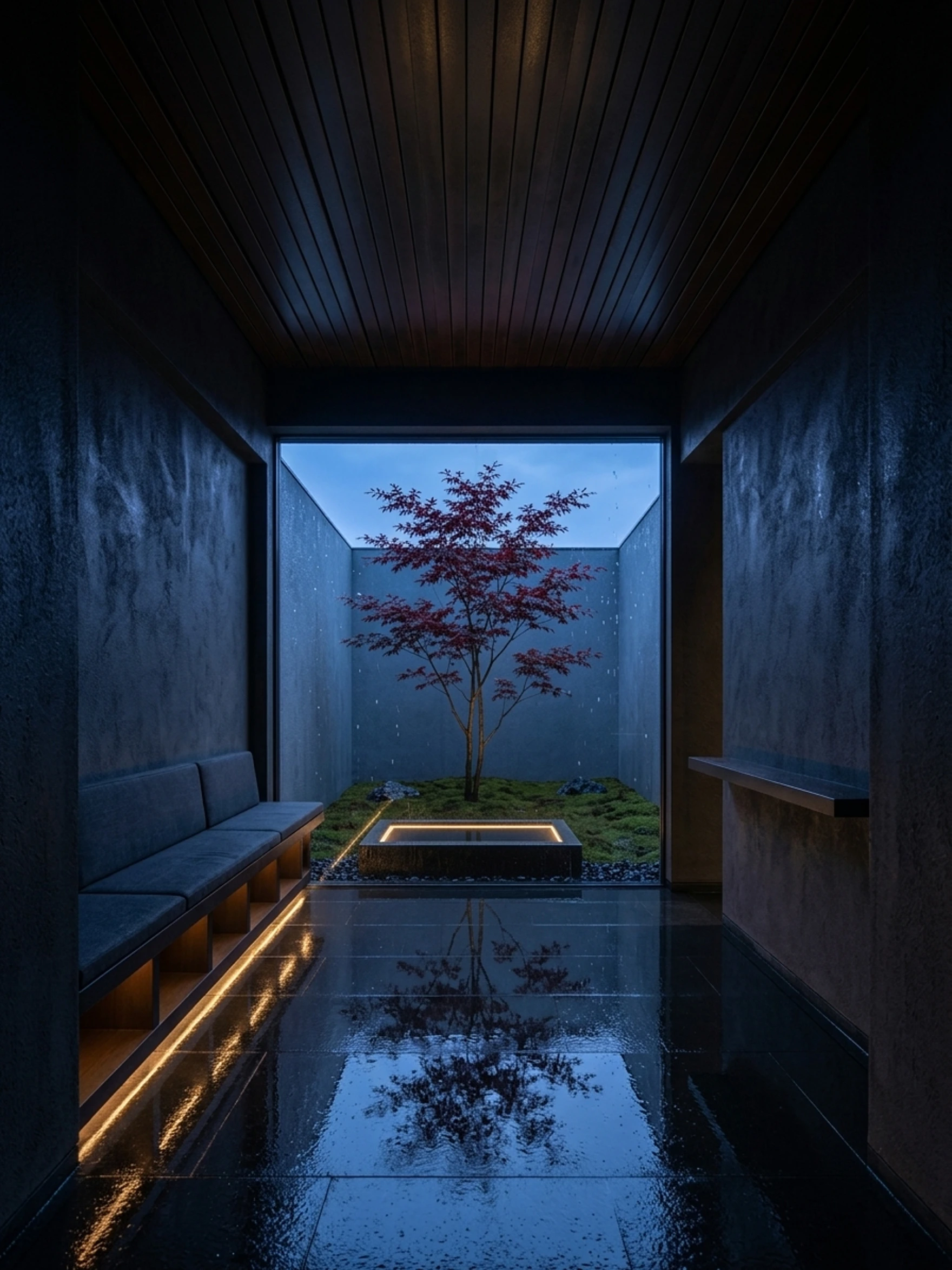 Archilip courtyard concept in blue-hour rain and dark charcoal materials