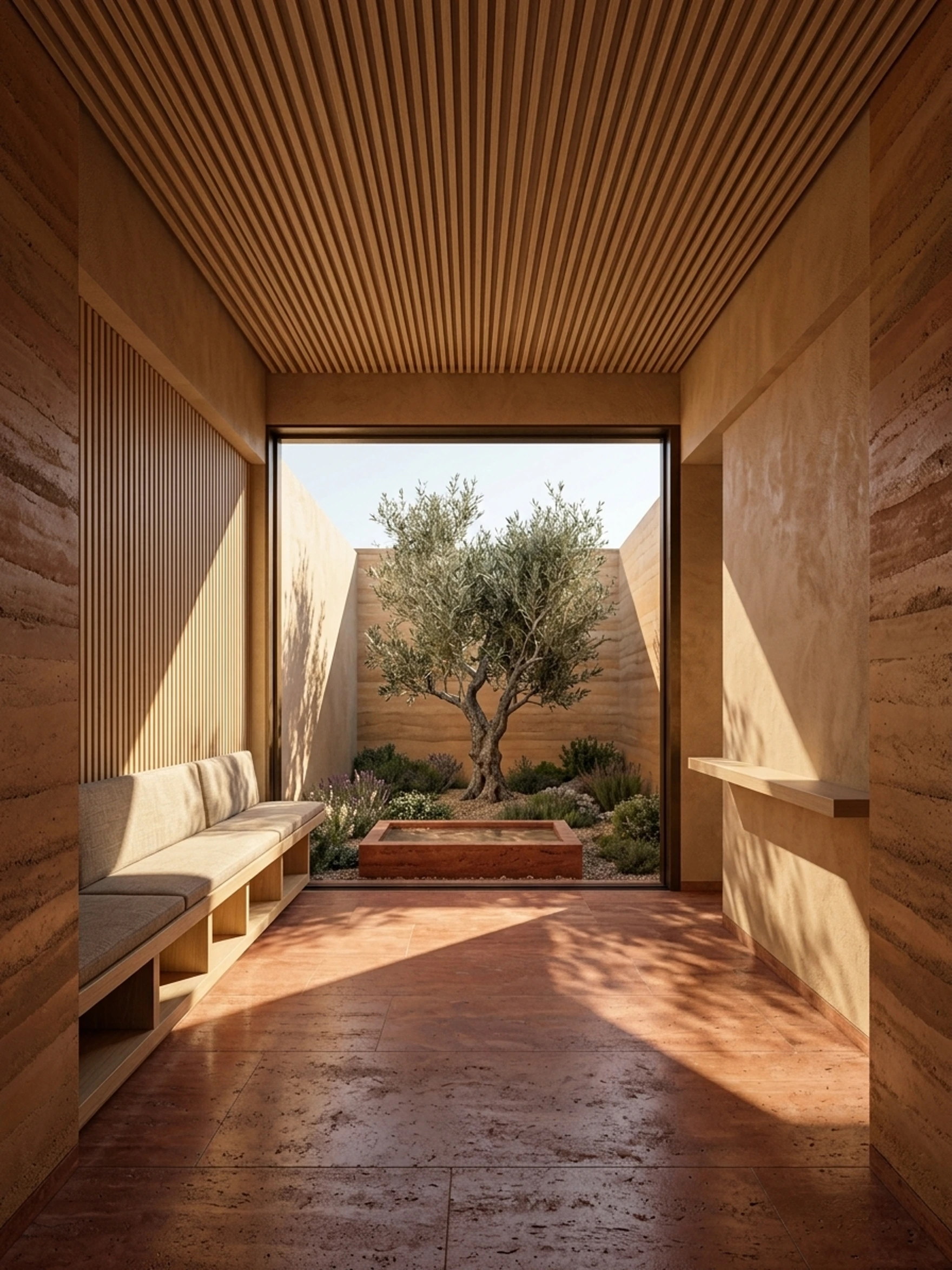Archilip courtyard concept in Mediterranean sun with rammed earth walls