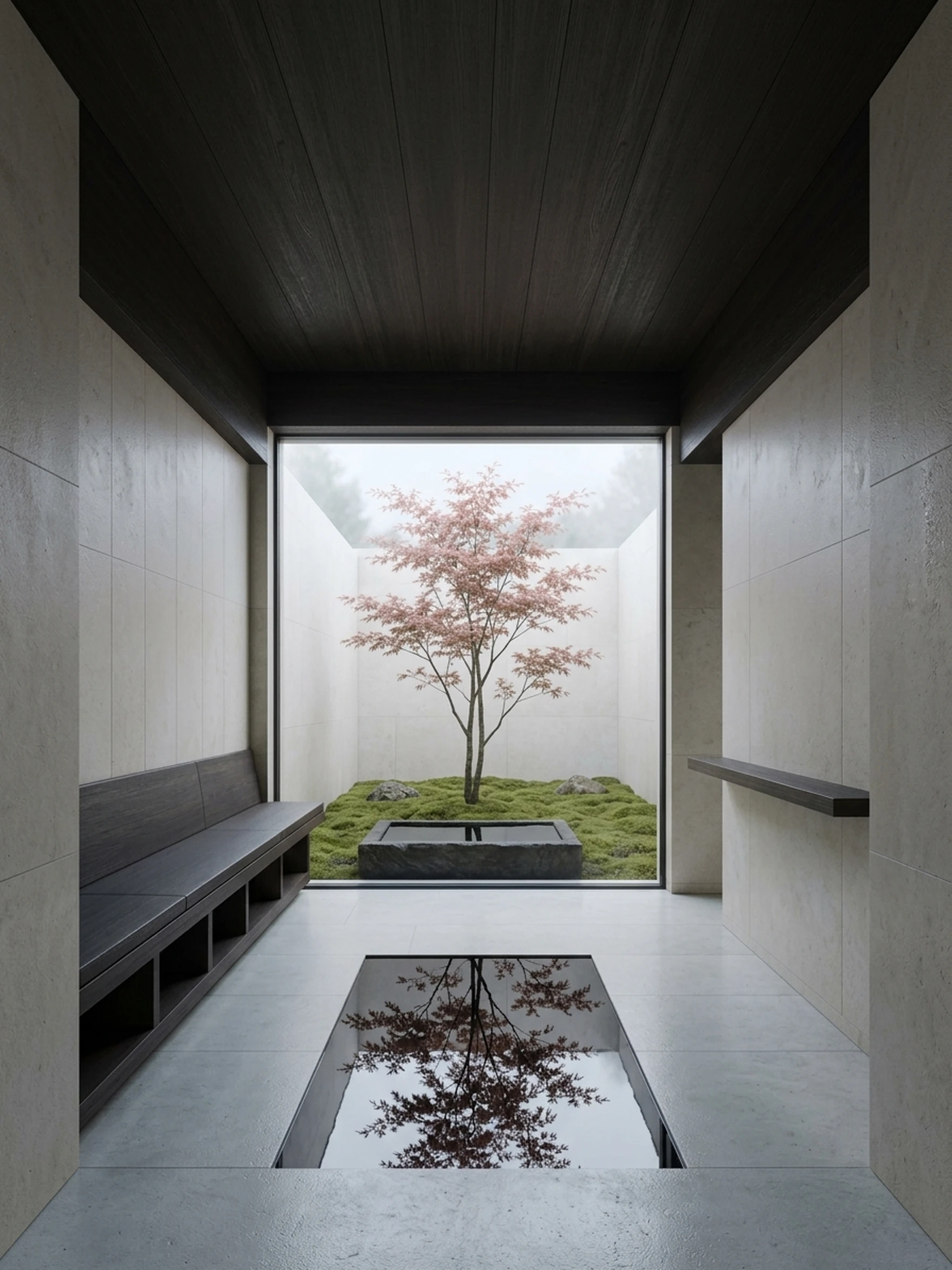 Archilip courtyard concept in pale mineral materials and diffuse morning light